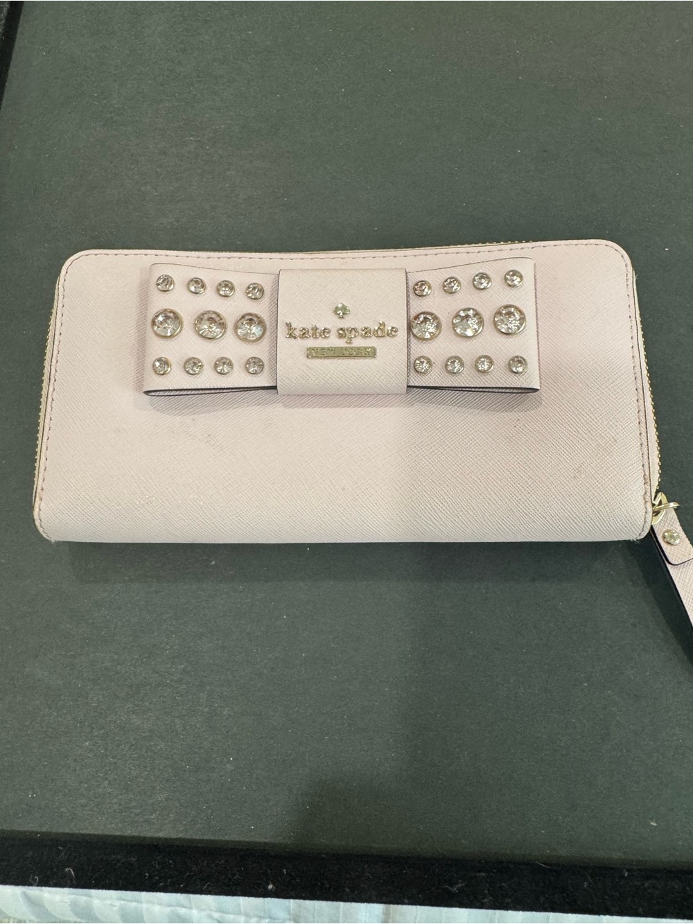 kate spade Pale Pink Bow Zip Wallet with Crystal Studs